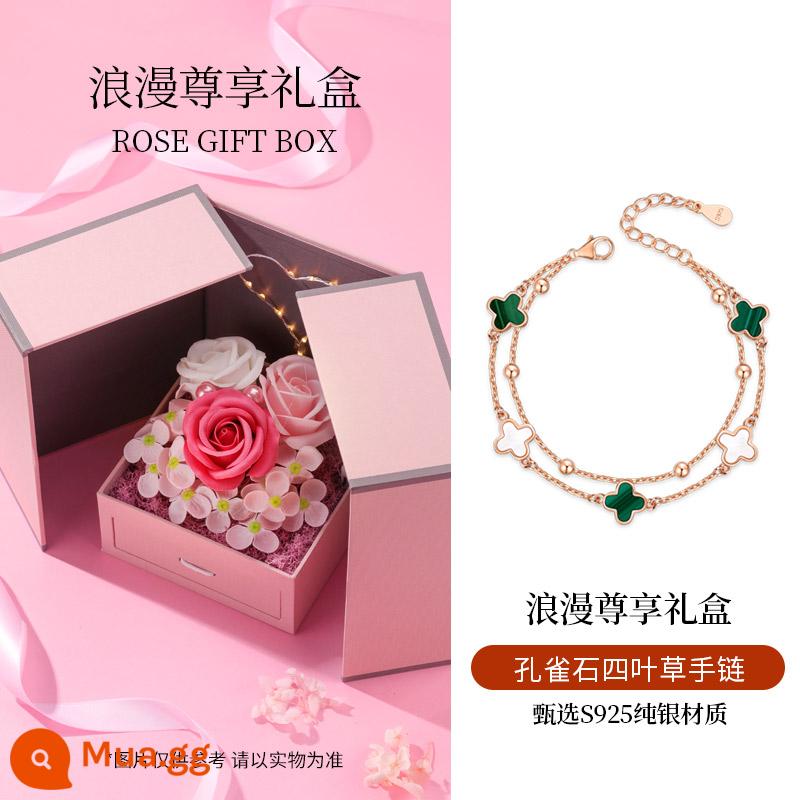 Malachite Cỏ Bốn Lá Vòng Tay Bạc Nữ Vòng Tay Bạc 2022 Cặp Đôi Mới Lễ Tình Nhân Quà Tặng Sinh Nhật Bé Gái - Bàn tay cỏ bốn lá Malachite + hộp quà độc quyền lãng mạn