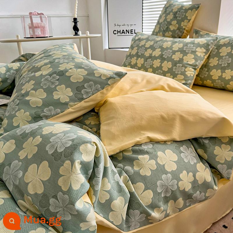 Bộ đồ giường bốn mảnh bằng vải cotton và vải lanh loại A đã giặt sạch, không phải cotton, bộ đồ giường bằng sợi bông nguyên chất hai lớp, vỏ chăn hoa bộ ba mảnh 4 - Hugo-Xanh