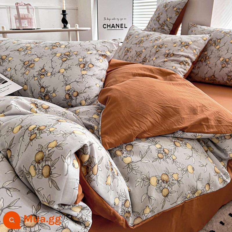 Bộ đồ giường bốn mảnh bằng vải cotton và vải lanh loại A đã giặt sạch, không phải cotton, bộ đồ giường bằng sợi bông nguyên chất hai lớp, vỏ chăn hoa bộ ba mảnh 4 - Người bán hoa