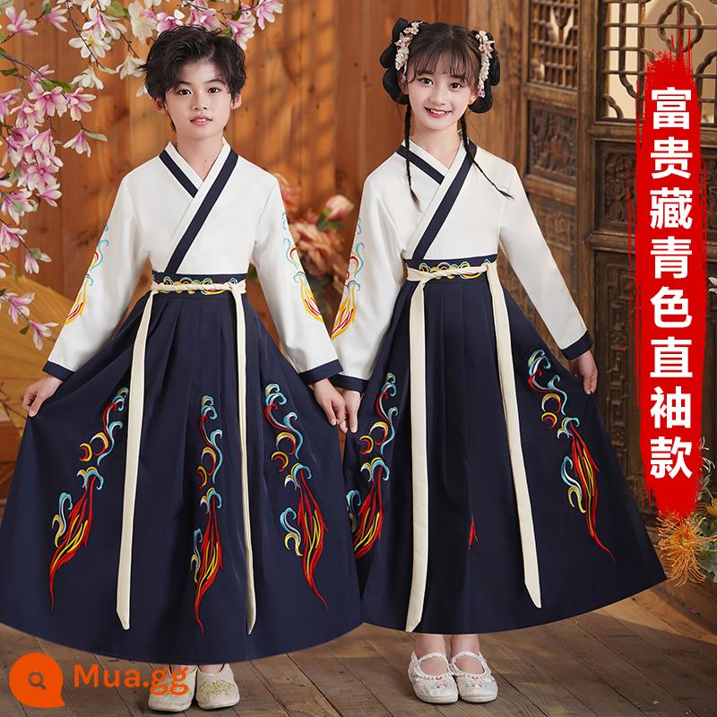 Sáu mốt Hanfu nam và trẻ em đồng phục học sinh Trung Quốc cổ đại Kinh thánh ba ký tự biểu diễn quần áo nữ Sách phong cách Trung Quốc trẻ em học sinh tiểu học - Tay áo thẳng màu xanh hải quân phong phú