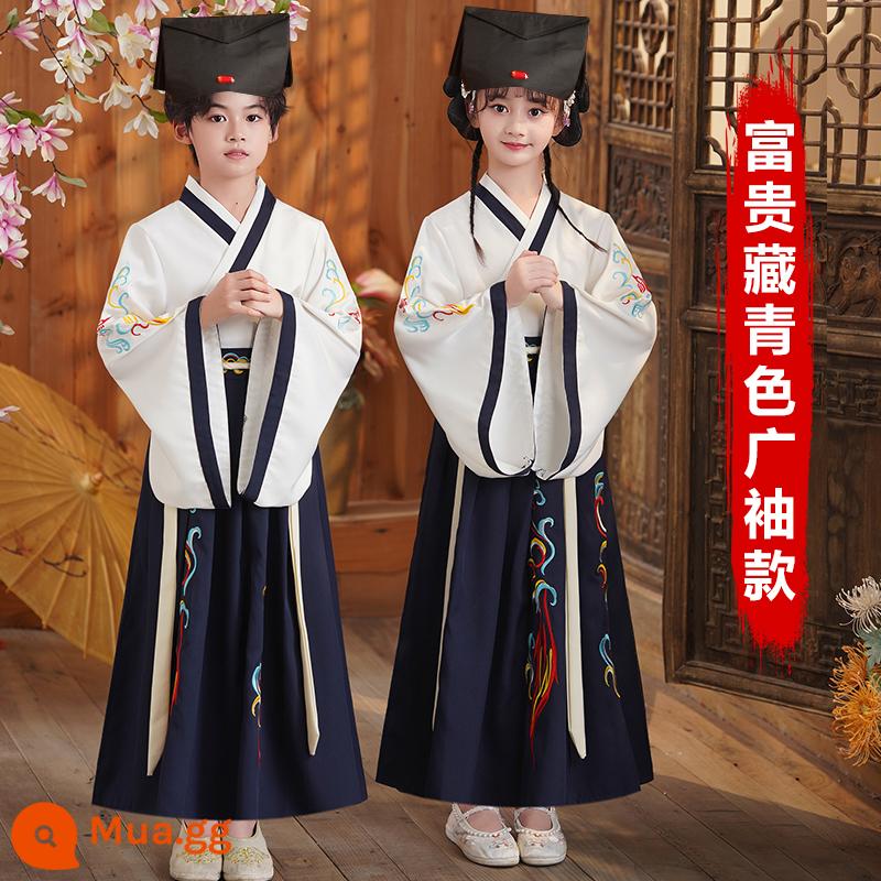 Sáu mốt Hanfu nam và trẻ em đồng phục học sinh Trung Quốc cổ đại Kinh thánh ba ký tự biểu diễn quần áo nữ Sách phong cách Trung Quốc trẻ em học sinh tiểu học - Tay áo rộng màu xanh nước biển phong phú + mũ văn hóa truyền thống Trung Quốc