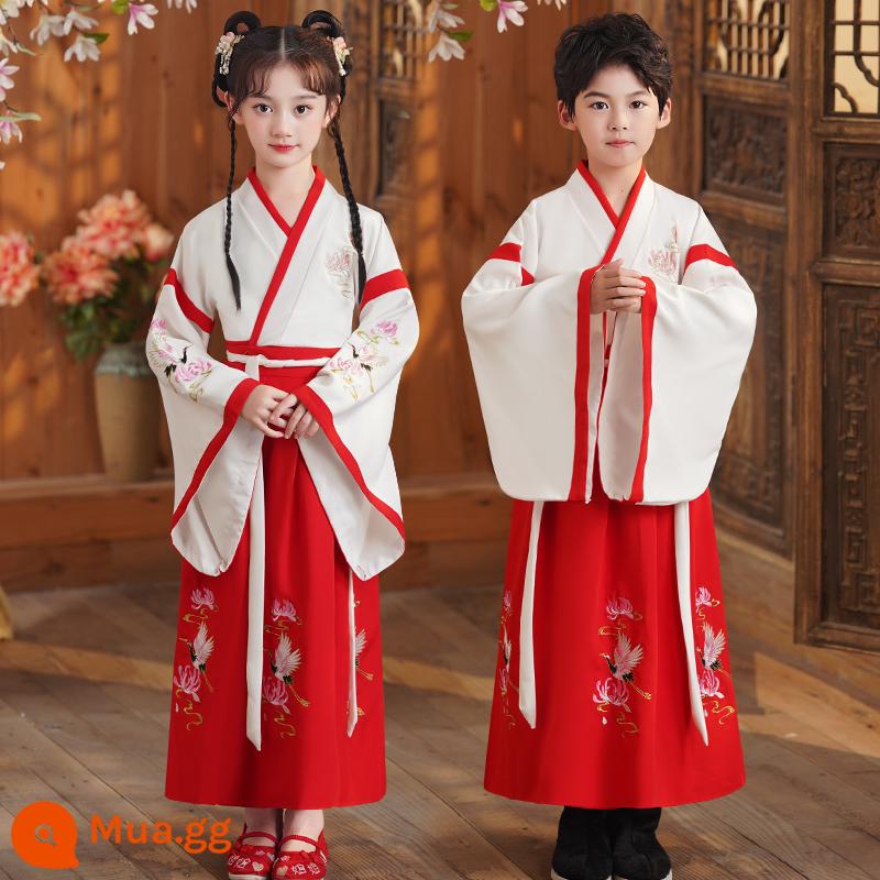 Sáu mốt Hanfu nam và trẻ em đồng phục học sinh Trung Quốc cổ đại Kinh thánh ba ký tự biểu diễn quần áo nữ Sách phong cách Trung Quốc trẻ em học sinh tiểu học - Ruihexian tay áo rộng màu đỏ