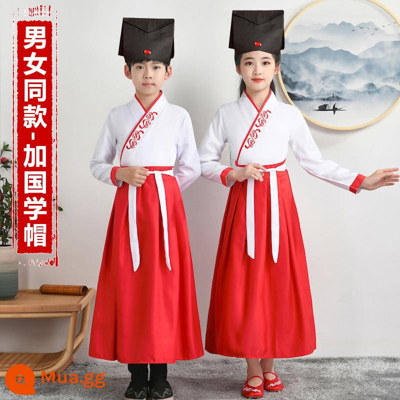 Sáu mốt Hanfu nam và trẻ em đồng phục học sinh Trung Quốc cổ đại Kinh thánh ba ký tự biểu diễn quần áo nữ Sách phong cách Trung Quốc trẻ em học sinh tiểu học - Tay áo thẳng đỏ + Mũ học tiếng Trung