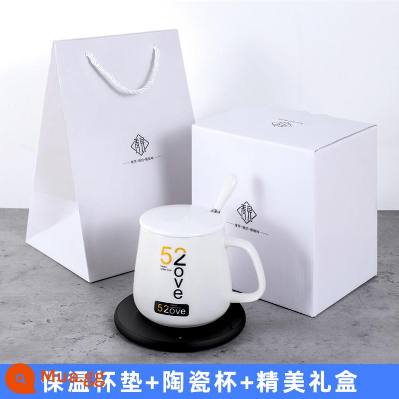 Qingjian nhiệt độ không đổi làm nóng Coaster có thể điều chỉnh nhiệt độ cách nhiệt căn cứ 55 độ cốc ấm ký túc xá văn phòng sữa nóng hiện vật - Công nghệ Đen + Cốc Sứ (Hộp Quà)