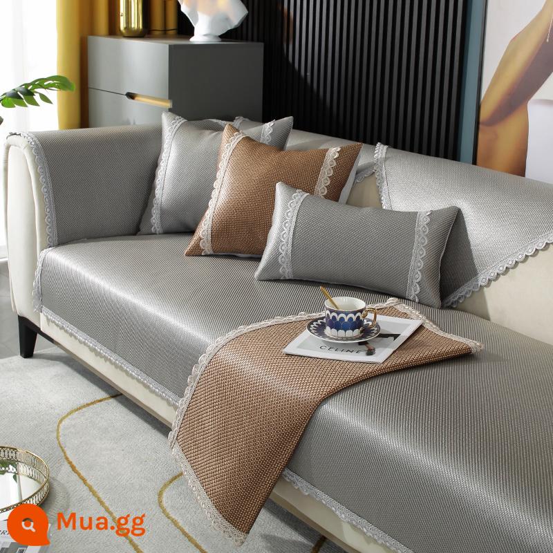 Mùa Hè Băng Lụa Sofa Đệm Chống Trơn Trượt Ngồi Đệm Giặt Bốn Mùa Đa Năng Thảm Mát Thảm Mây Bọc Ghế Sofa băng Thảm - Ren sọc chéo màu xám bạc-4cm