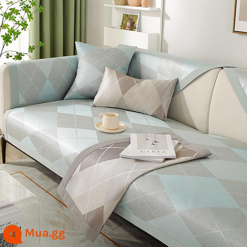 Mùa Hè Băng Lụa Sofa Đệm Chống Trơn Trượt Ngồi Đệm Giặt Bốn Mùa Đa Năng Thảm Mát Thảm Mây Bọc Ghế Sofa băng Thảm - Lưới kim cương màu xanh lam