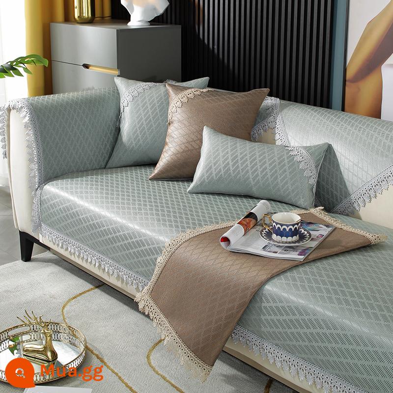 Mùa Hè Băng Lụa Sofa Đệm Chống Trơn Trượt Ngồi Đệm Giặt Bốn Mùa Đa Năng Thảm Mát Thảm Mây Bọc Ghế Sofa băng Thảm - Ren hình chữ nhật-xanh bạc hà-8cm