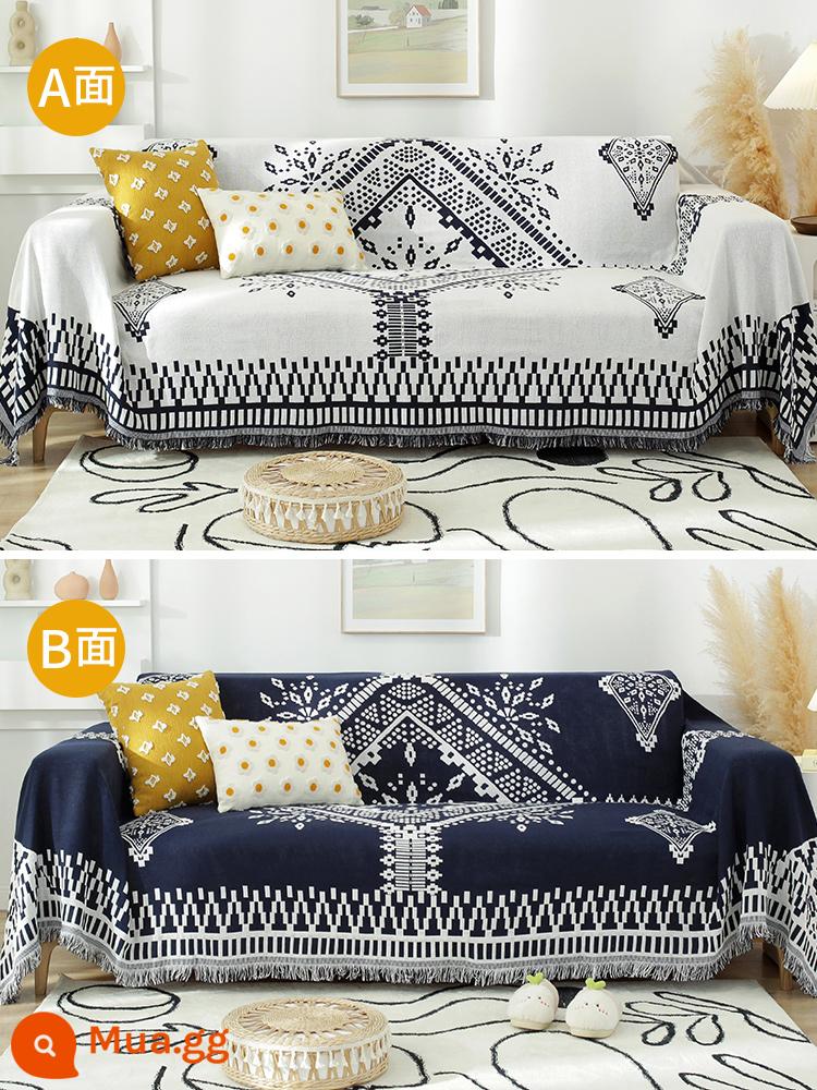 Bắc Âu Ins Gió Mùa Hè Đa Năng Sofa Khăn Vải Full Bọc Ghế Sofa Đệm Bao Chăn Đơn Ba Người Bốn Mùa Đa Năng - Lưới đen trắng [có sẵn ở cả hai bên]