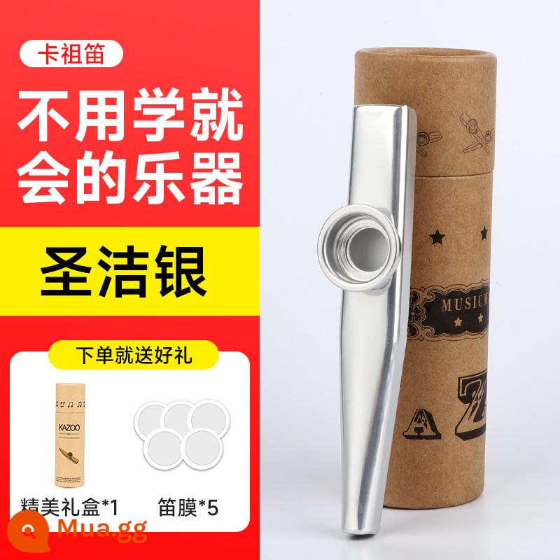 Đẳng cấp biểu diễn sáo Metal Kazu kazoo sáo mới sáo Zuka đệm guitar nhạc cụ không cần học - Bạc thánh + 5 miếng màng sáo + ống sáo