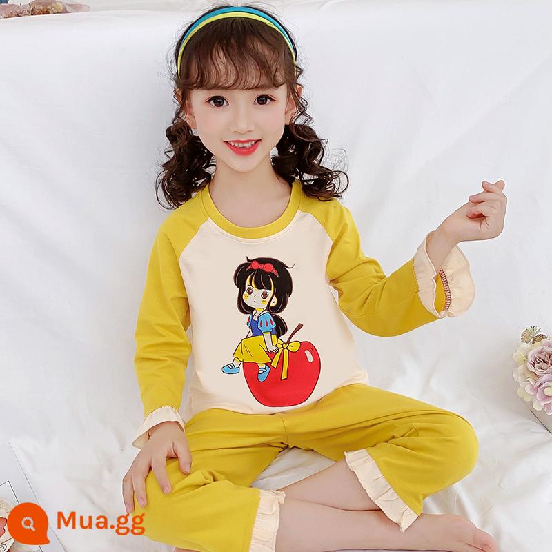 Bộ đồ ngủ trẻ em cotton nguyên chất mùa xuân và mùa thu bé gái trung và lớn cotton bé gái bộ quần áo mặc nhà dài tay cho bé - Táo vàng dài tay