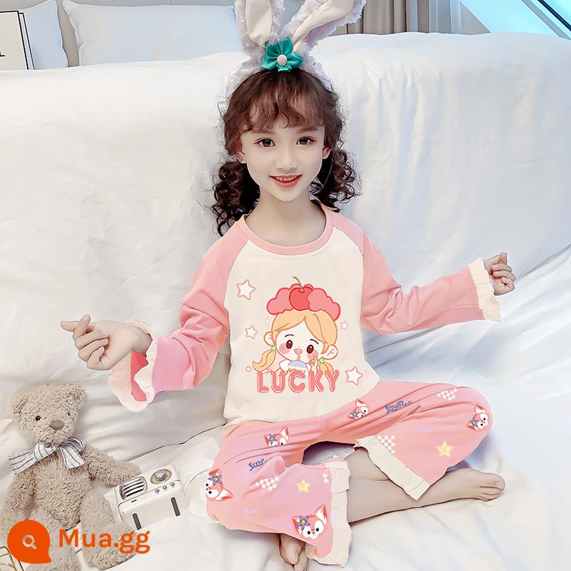 Bộ đồ ngủ trẻ em cotton nguyên chất mùa xuân và mùa thu bé gái trung và lớn cotton bé gái bộ quần áo mặc nhà dài tay cho bé - Ngôi sao may mắn 8034-Y1