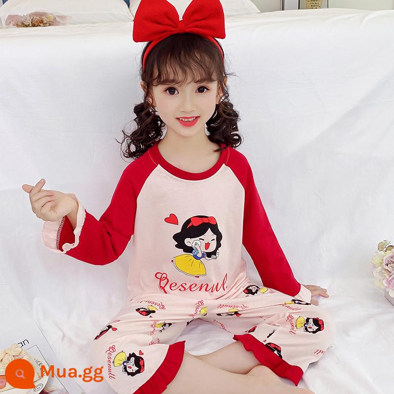 Bộ đồ ngủ trẻ em cotton nguyên chất mùa xuân và mùa thu bé gái trung và lớn cotton bé gái bộ quần áo mặc nhà dài tay cho bé - Trái tim tình yêu dài tay màu đỏ