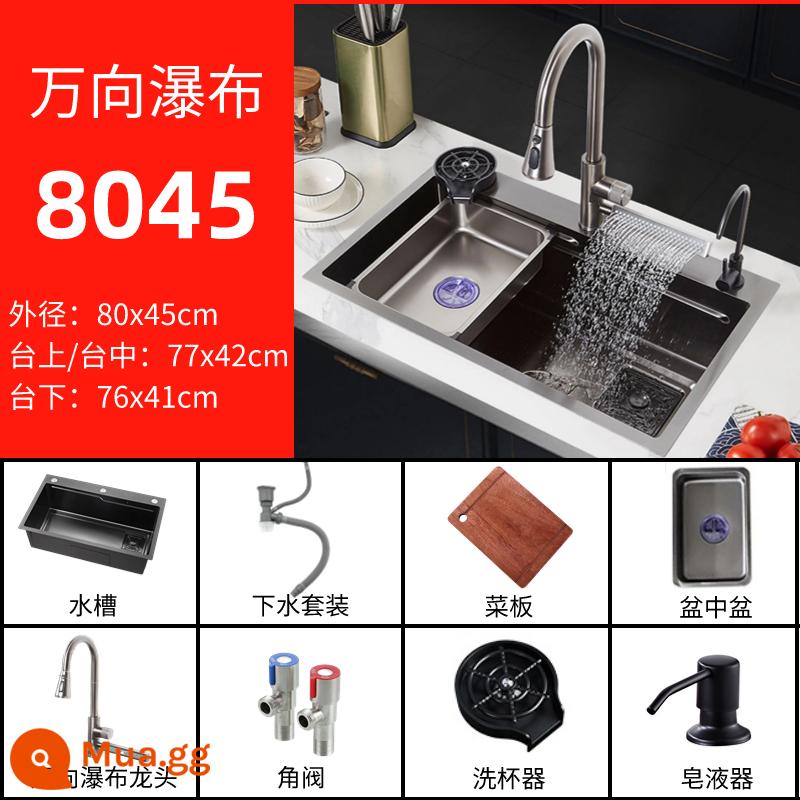 Nano Bếp Mưa Tắm Chậu Rửa Bát Hộ Gia Đình Sus304 Thép Không Gỉ Undercounter Bể Lớn Đơn Bồn Rửa Bát Chậu Rửa Bát - [Thác Wanxiang] 80x45CM+Vòi thác Wanxiang+Chậu trong chậu+Máy giặt cốc+Bình đựng xà phòng (Đen)