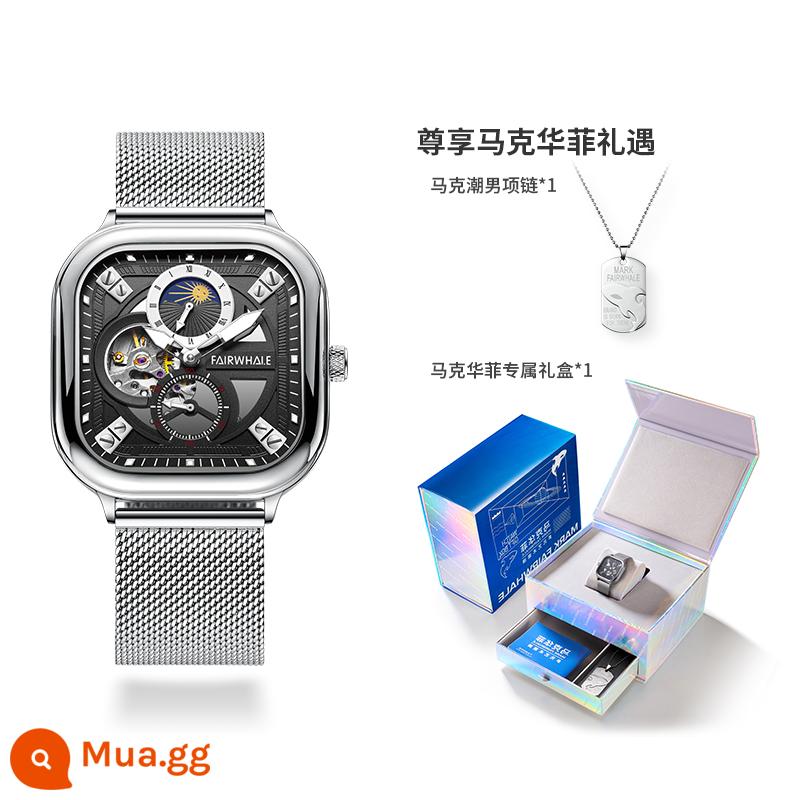 Mark Huafei Đồng Hồ Nam Vuông Cơ Khí Tự Động Thương Hiệu Chống Thấm Nước Tourbillon Rỗng Hợp Thời Trang Nam Top 10 - GP2-FW-6290-M2 vỏ bạc, mặt đen, đai lưới bạc]