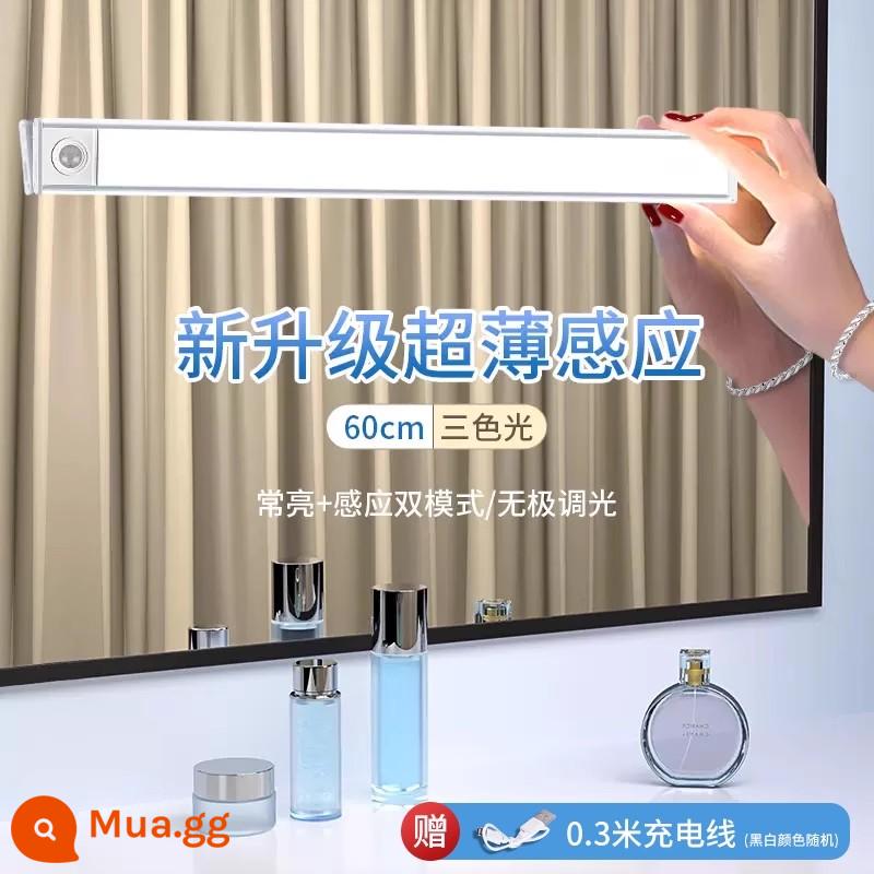 Đèn LED lấp đầy gương phía trước thanh ánh sáng với phòng thay đồ phòng tắm nhà bếp cảm biến ánh sáng đèn bàn trang điểm đèn sạc - Đèn ba màu 60cm [model nâng cấp - bạc] sạc + cảm ứng/luôn bật/điều chỉnh độ sáng + hút nam châm