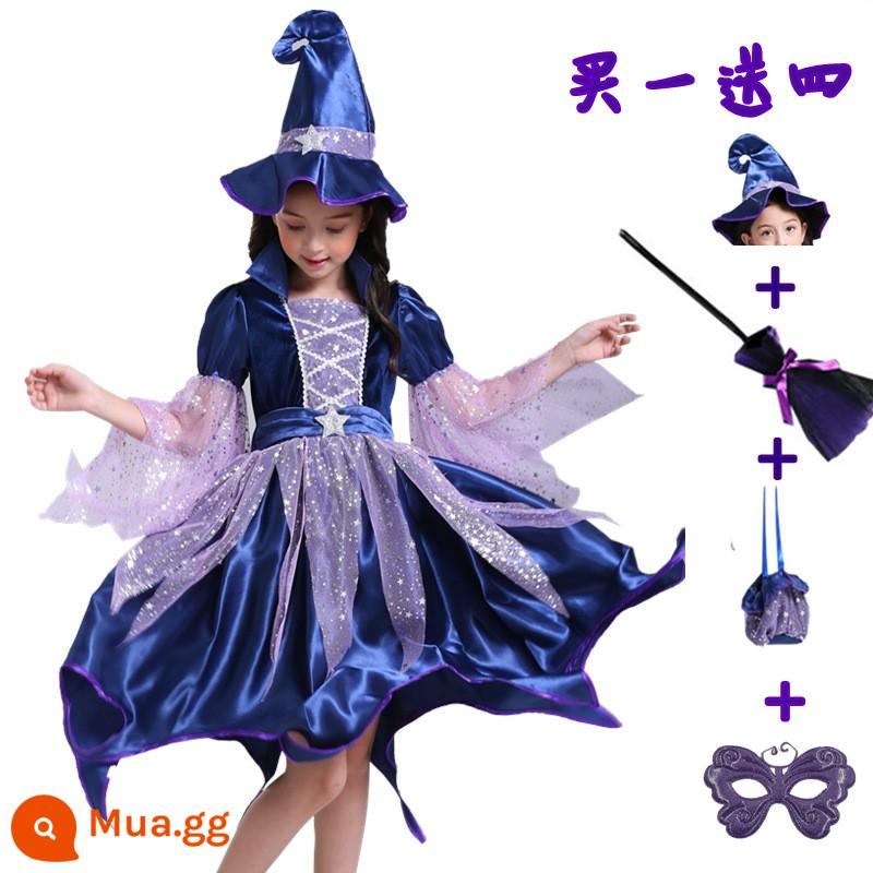 Trang phục Halloween trẻ em, trang phục phù thủy, váy phù thủy bé gái, trang phục cosplay kinh dị, trang phục ma cà rồng - Váy xanh hải quân + mũ + chổi + túi kẹo + khẩu trang