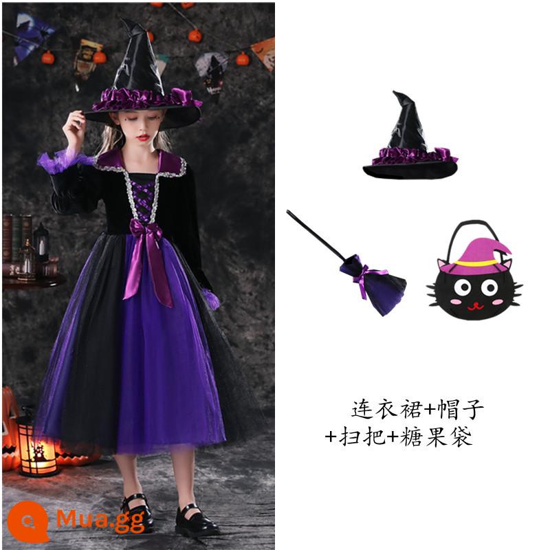 Trang phục Halloween trẻ em, trang phục phù thủy, váy phù thủy bé gái, trang phục cosplay kinh dị, trang phục ma cà rồng - Váy tím + mũ + túi kẹo + chổi