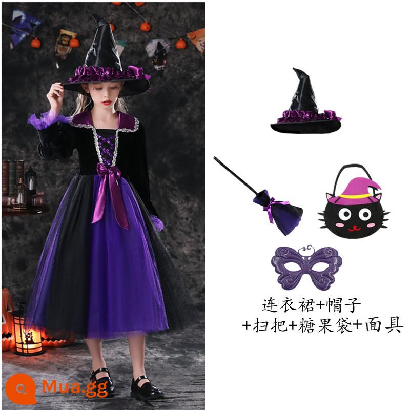 Trang phục Halloween trẻ em, trang phục phù thủy, váy phù thủy bé gái, trang phục cosplay kinh dị, trang phục ma cà rồng - Tím + mũ + chổi + túi kẹo + mặt nạ