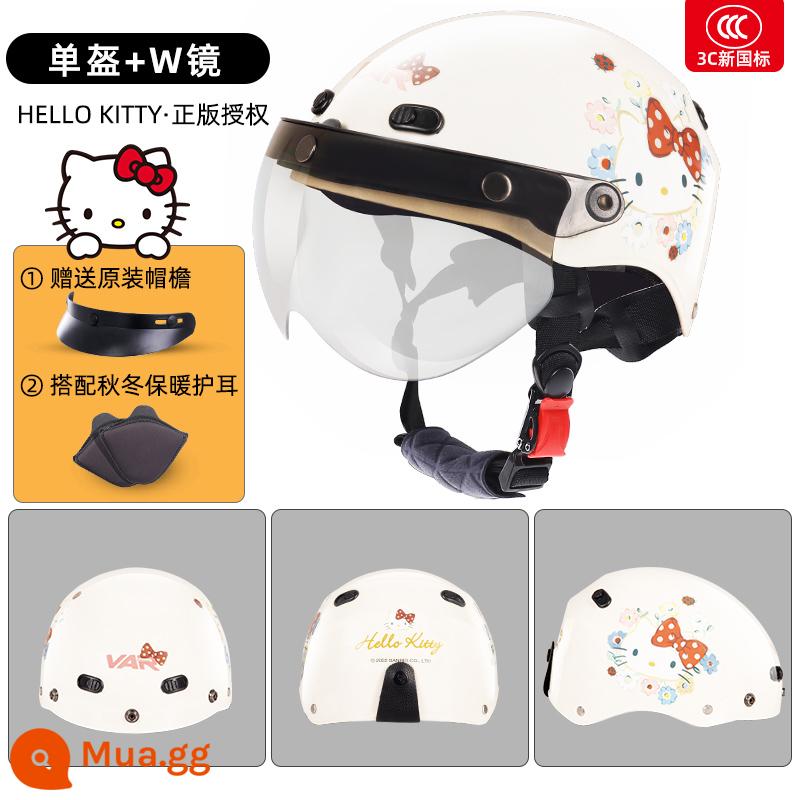 VAR doanh HelloKitty xe điện mùa đông ấm mũ bảo hiểm nữ dễ thương cưỡi mũ bảo hiểm bốn mùa - 3C Tiêu chuẩn quốc gia mới-Hoa màu be KT+w Gương trong suốt