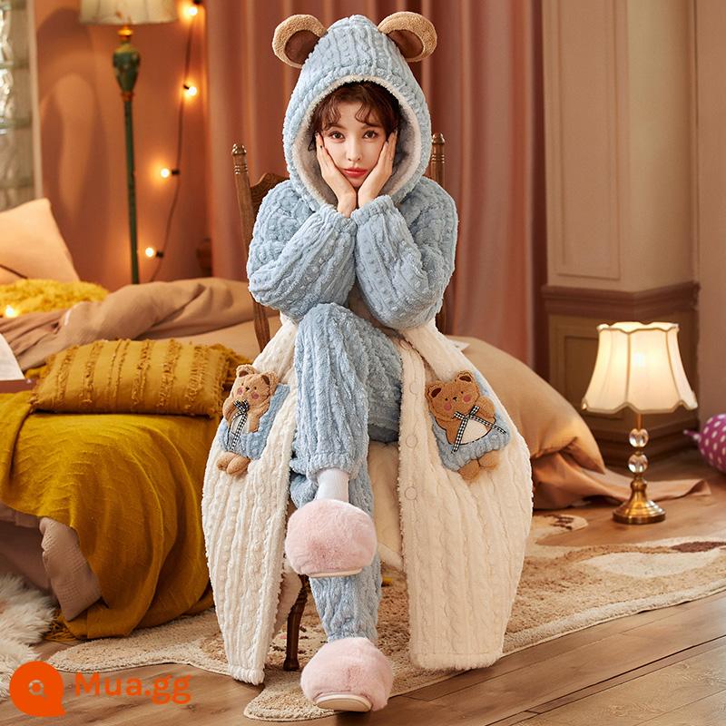 Bộ đồ ngủ ba pyjamas nữ mùa thu và mùa đông san hô dày - 6131 Túi Gấu Xanh Mai (Quần Đồng)