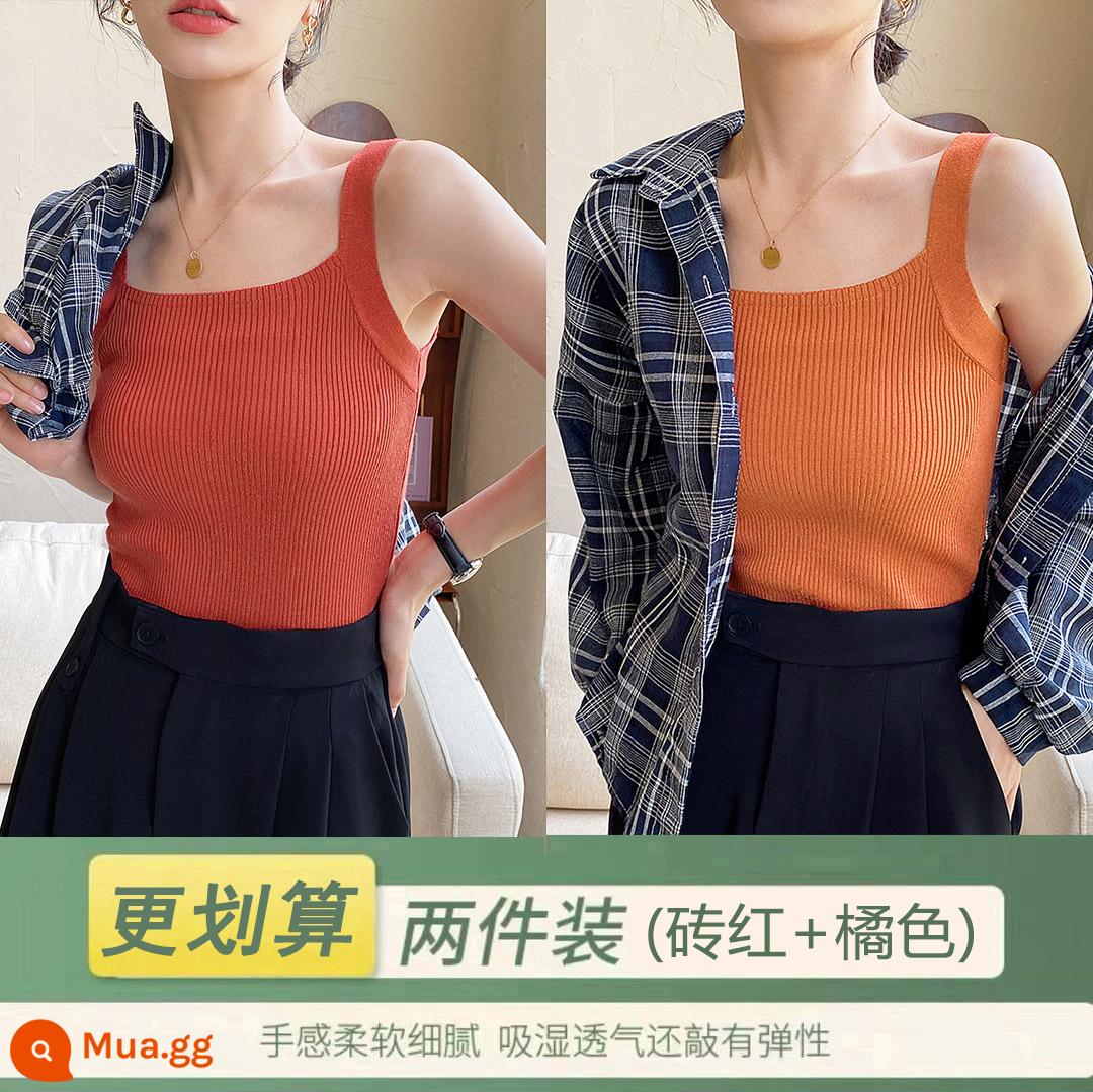 Bộ vest nữ màu đen với thiết kế áo vest dệt kim có đáy màu trắng tạo cảm giác thích hợp mặc bên ngoài áo ngắn mùa hè - (đỏ gạch + cam) hai gói