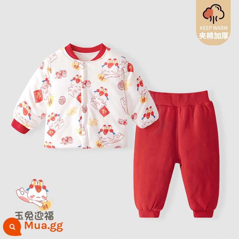 Bộ quần áo cotton trẻ em, quần áo mùa đông, quần áo chần bông hai mảnh mùa thu đông ấm áp và dày dặn cho nam, nữ và trẻ em, quần áo cotton và quần cotton - [Bộ đồ cotton] Phước lành thỏ ngọc