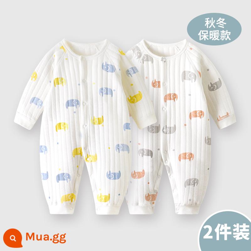 Jumpsuit cho bé mùa xuân, mùa thu và mùa đông mùa đông ấm áp chần bông mùa thu quần áo sơ sinh đầu mùa thu cho bé dày lên phù hợp với - Voi xanh vàng D + voi hồng xám D