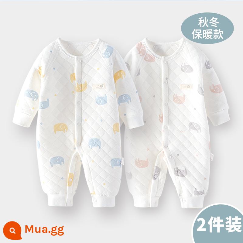 Jumpsuit cho bé mùa xuân, mùa thu và mùa đông mùa đông ấm áp chần bông mùa thu quần áo sơ sinh đầu mùa thu cho bé dày lên phù hợp với - Voi xanh vàng + voi hồng xám | 2 cái