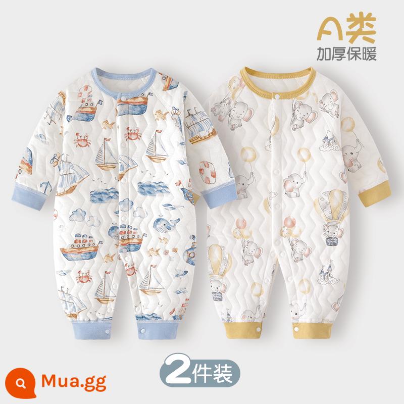 Jumpsuit cho bé mùa xuân, mùa thu và mùa đông mùa đông ấm áp chần bông mùa thu quần áo sơ sinh đầu mùa thu cho bé dày lên phù hợp với - Đại Dương Mộng + Voi Bóng | 2 cái