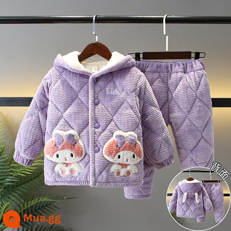 Bộ đồ ngủ trẻ em mùa đông dày bé gái Plus nhung chần bông flannel phù hợp với bé gái mùa đông san hô trang nhà quần áo - H34-Búp bê tím