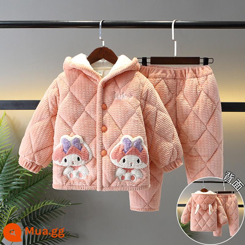 Bộ đồ ngủ trẻ em mùa đông dày bé gái Plus nhung chần bông flannel phù hợp với bé gái mùa đông san hô trang nhà quần áo - H33-búp bê màu hồng