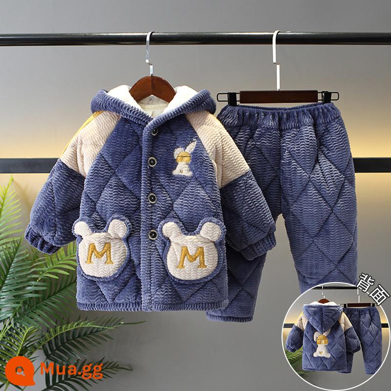 Bộ đồ ngủ trẻ em mùa đông dày bé gái Plus nhung chần bông flannel phù hợp với bé gái mùa đông san hô trang nhà quần áo - H32-Thỏ xanh M