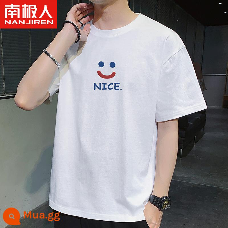 Nanjiren mùa hè mới áo thun cotton ngắn tay áo sơ mi nam có đáy rộng cổ tròn in hình học sinh Áo thun nửa tay - CƯỜI TRẮNG ĐẸP