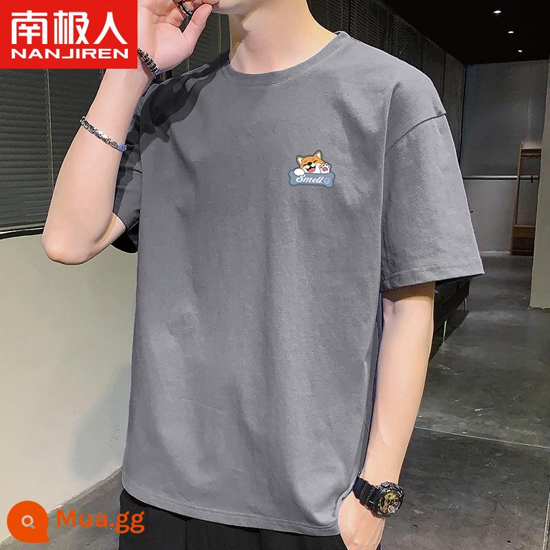 Nanjiren mùa hè mới áo thun cotton ngắn tay áo sơ mi nam có đáy rộng cổ tròn in hình học sinh Áo thun nửa tay - Chó có mùi tiêu chuẩn nhỏ màu xám đậm