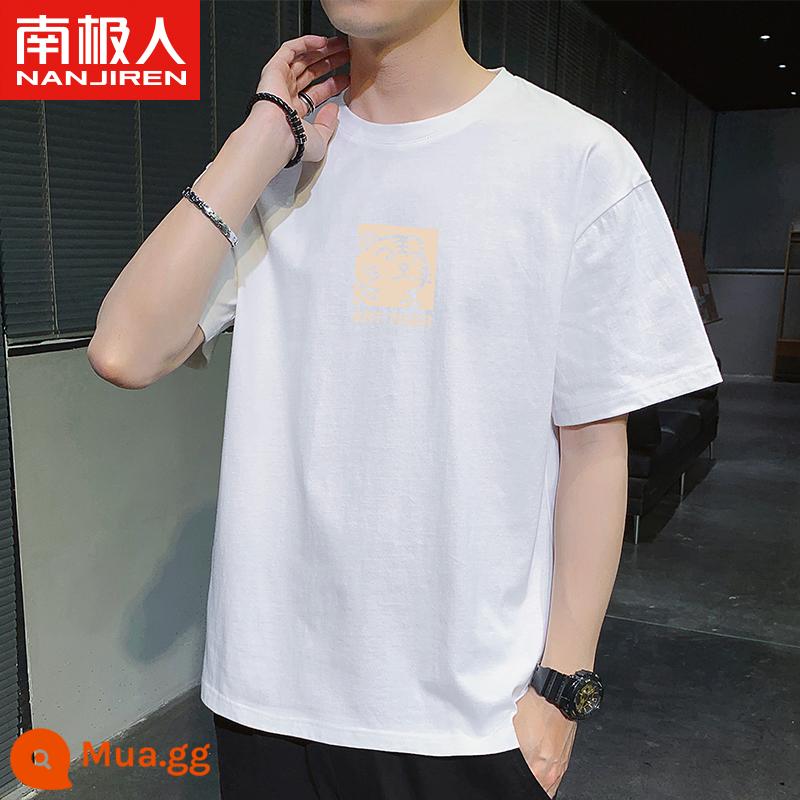 Nanjiren mùa hè mới áo thun cotton ngắn tay áo sơ mi nam có đáy rộng cổ tròn in hình học sinh Áo thun nửa tay - ART-TIGER trắng