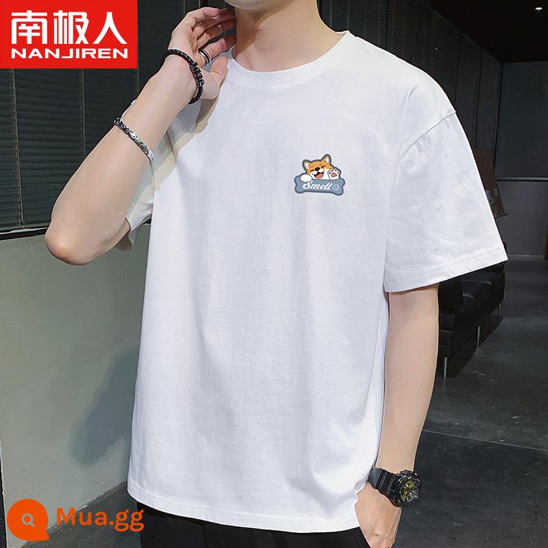 Nanjiren mùa hè mới áo thun cotton ngắn tay áo sơ mi nam có đáy rộng cổ tròn in hình học sinh Áo thun nửa tay - Chó có mùi tiêu chuẩn nhỏ màu trắng