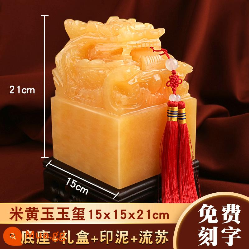 Afghan White Jade Cửu Long SEAL SEAL DECOCTION - Topaz màu be 15x21 cm (kèm đế + hộp quà + miếng mực + tua rua)