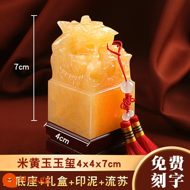 Afghan White Jade Cửu Long SEAL SEAL DECOCTION - Topaz màu be 4x7 cm (kèm đế + hộp quà + miếng mực + tua rua)