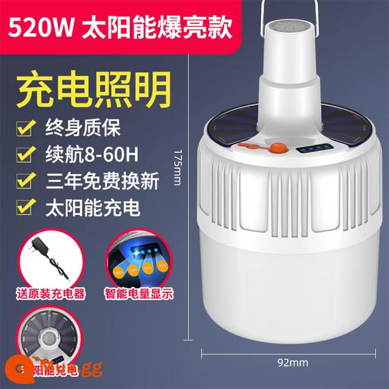 Đèn LED Sạc Bóng Đèn Mất Điện Chiếu Sáng Khẩn Cấp Hộ Gia Đình Đèn Cắm Trại Ngoài Trời Siêu Sáng Đèn Gian Hàng Chợ Đêm - Model rực rỡ (ánh sáng trắng 520w) sạc năng lượng mặt trời + hiển thị nguồn, thời lượng pin 60H