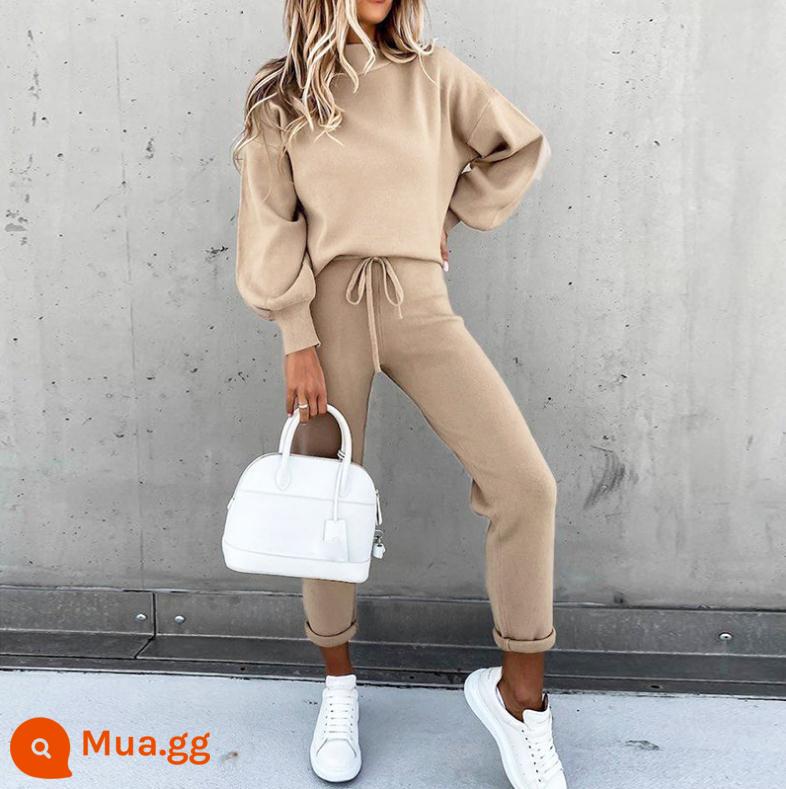 9699 #2021 Mùa Thu Đông Nữ Áo Thun Dày Dặn Bộ Amazon AliExpress Cổ Cao Cổ Màu Quần 2 Bộ - Khaki