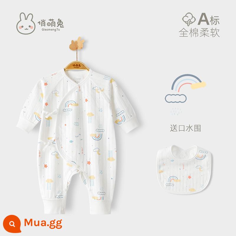 Qiao Thỏ Dễ Thương 0 đến 3 tháng tuổi quần áo trẻ sơ sinh sơ sinh mùa xuân và mùa thu cotton nguyên chất sơ sinh áo liền quần đầy đủ tháng cho bé quần áo trẻ em - Phong cách xuân thu [Cầu vồng] (Yếm miễn phí)