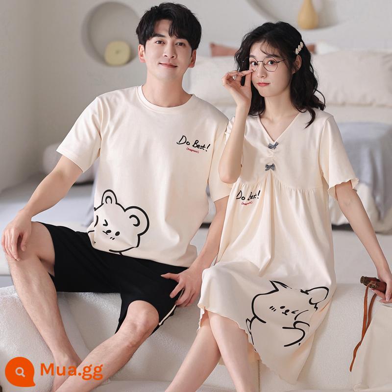 Bộ 2 giá cặp đôi đồ ngủ cotton mùa hè váy ngủ ngắn tay nữ mùa hè hoạt hình Hàn Quốc phục vụ tại nhà bộ vest nam mỏng - Cặp đôi T18912