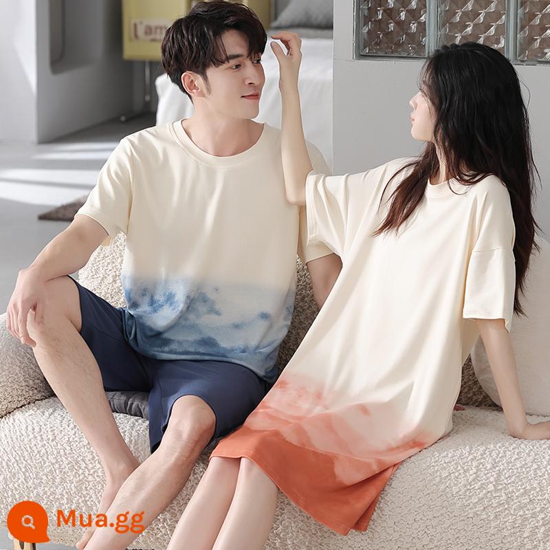 Bộ 2 giá cặp đôi đồ ngủ cotton mùa hè váy ngủ ngắn tay nữ mùa hè hoạt hình Hàn Quốc phục vụ tại nhà bộ vest nam mỏng - My8242 (mơ)