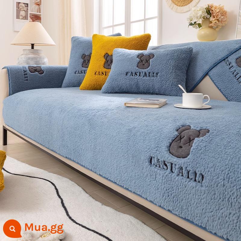 Lông Cừu Nhung Sofa Đệm Mùa Đông Dày Sang Trọng Đệm Chống Trơn Trượt Da Ghế Sofa Mùa Thu Đông Đệm Khăn Vải - Gấu bạo lực-Blue