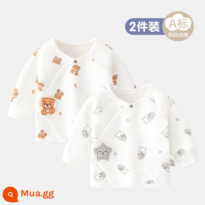 2 gói cho bé 0-3 tháng tuổi áo hở lưng không xương bằng vải cotton nguyên chất mùa xuân, mùa thu và mùa đông áo sơ sinh mỏng và quần áo mùa hè - Ba lớp giữ ấm - 2 miếng (Gấu Sao + Gấu Trăng)