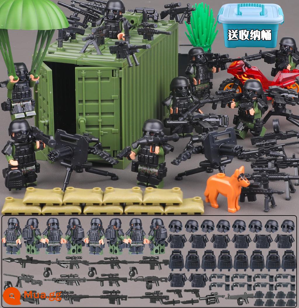 Quân sự khối xây dựng minifigure cảnh sát SWAT minifigure lực lượng đặc biệt vũ khí lắp ráp súng cậu bé đồ chơi giáo dục - Căn cứ chiến đấu đặc biệt được trang bị đầy đủ màu xanh lá cây 8 người 4 súng máy dù cảnh nòng súng miễn phí