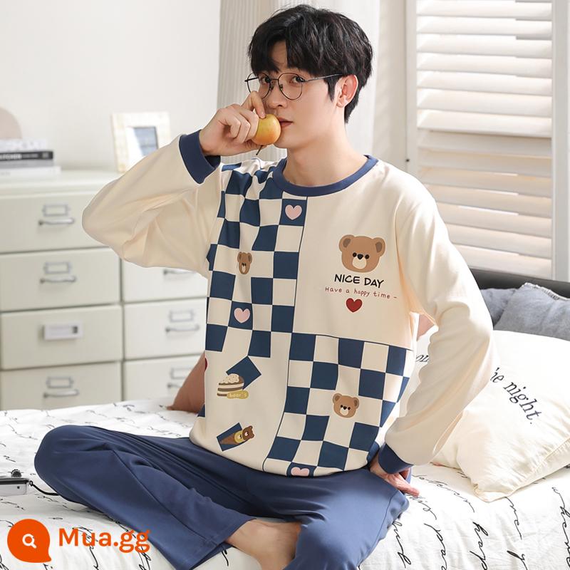 2022 Mới Bộ Đồ Ngủ Nam Xuân Thu Nam Cotton Nguyên Chất Tay Dài Bé Trai Teen Thu Đông Homewear Bộ - phong cách dễ thương