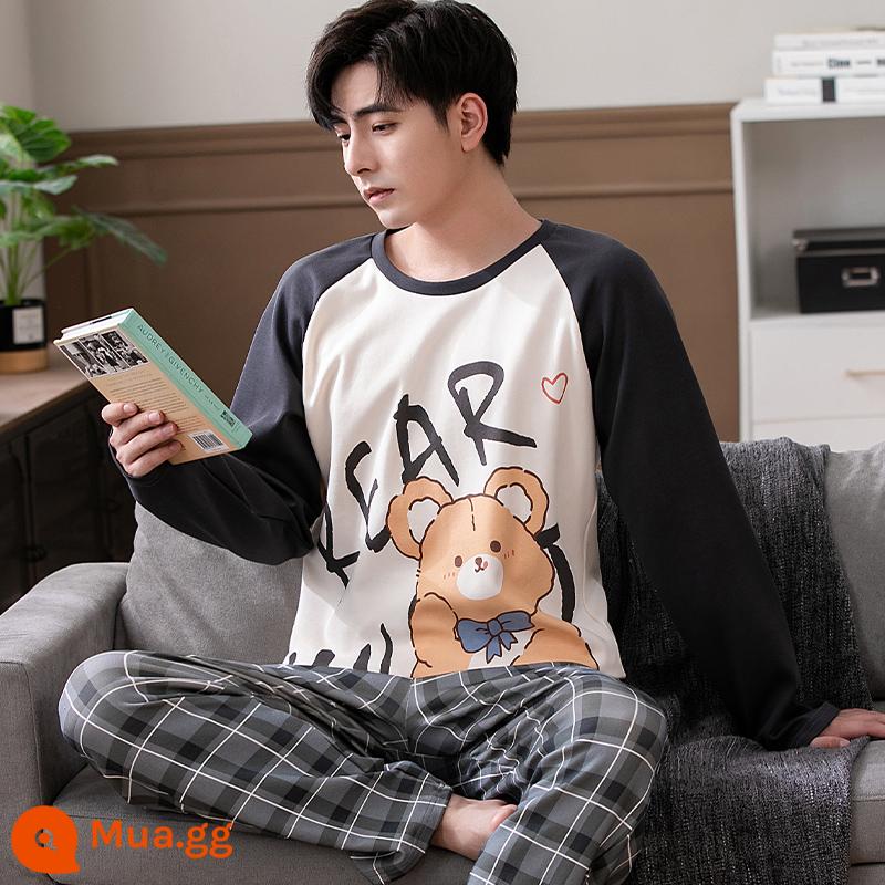 2022 Mới Bộ Đồ Ngủ Nam Xuân Thu Nam Cotton Nguyên Chất Tay Dài Bé Trai Teen Thu Đông Homewear Bộ - Phim hoạt hình khối màu