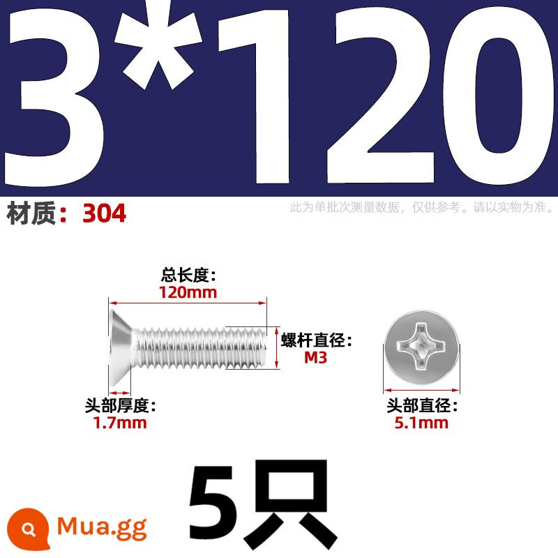 Vít đầu phẳng chữ thập bằng thép không gỉ 304 Vít đầu chìm Phụ kiện bu lông nhỏ M1M2M3M4M5M6M8-12 - Chỉ M3*120-5