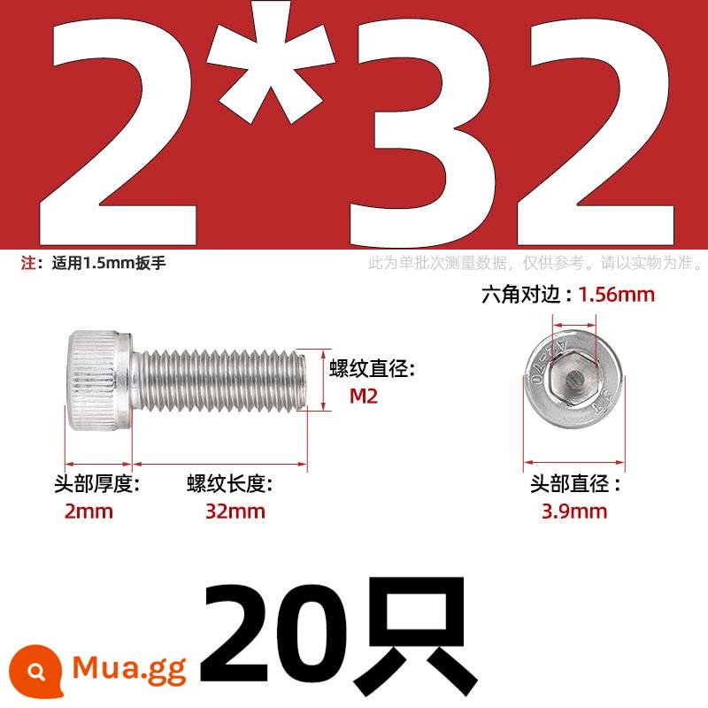 Thép Không Gỉ 304 Bên Trong Vít Lục Giác Cốc Đầu Bu Lông Hình Trụ Đầu Kéo Dài M1.6M2M3M4M5M6M8M10mm - Chỉ M2*32-20